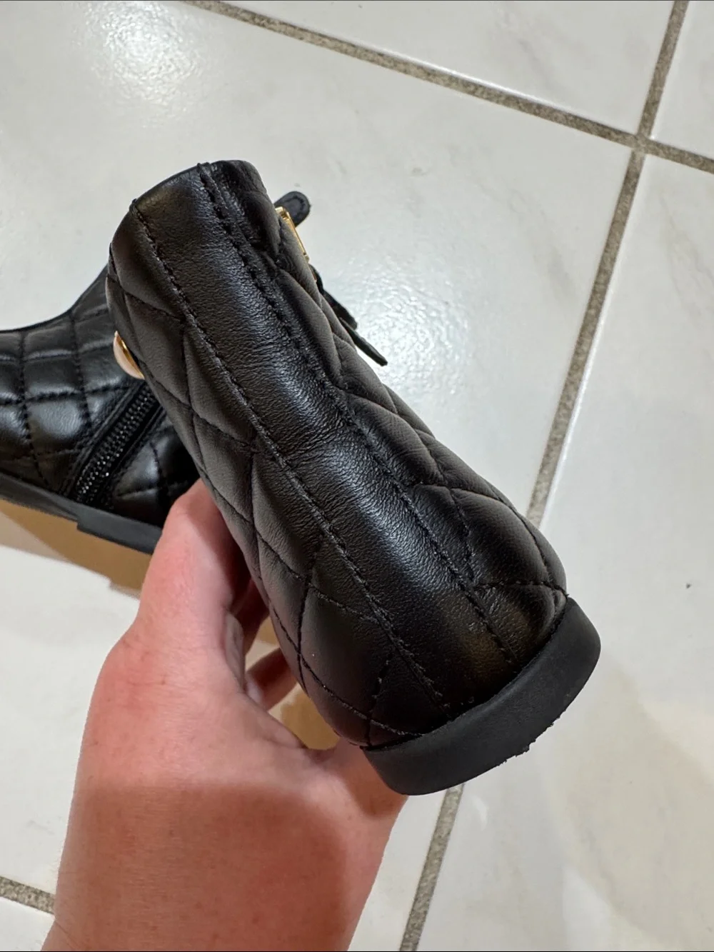 Girls' Black Quilted Ankle Boots with Pearl Accent size 8